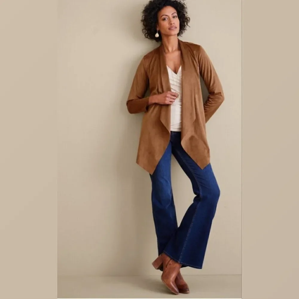 SOFT SURROUNDINGS Shape Drape Cardigan Jacket Open Front Faux Suede Brown Sz 3X